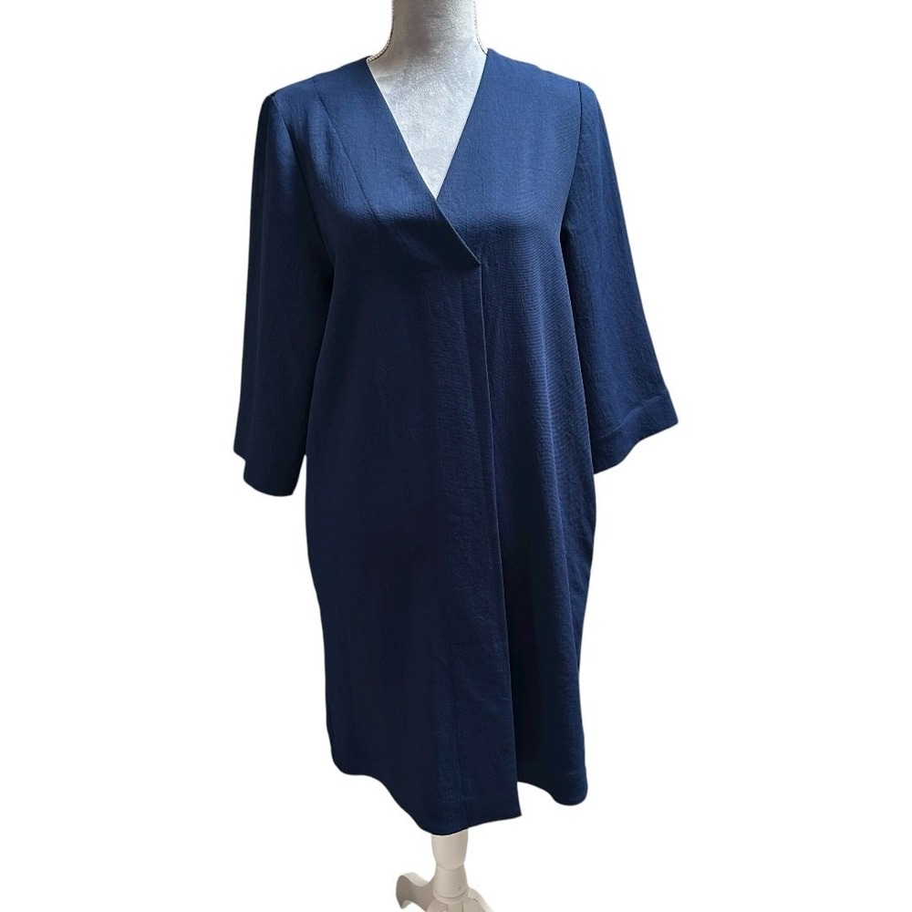 COS‎ Navy Blue Minimalist V-Neck Shift Dress Size 8 US 3/4 Sleeve Knee Length